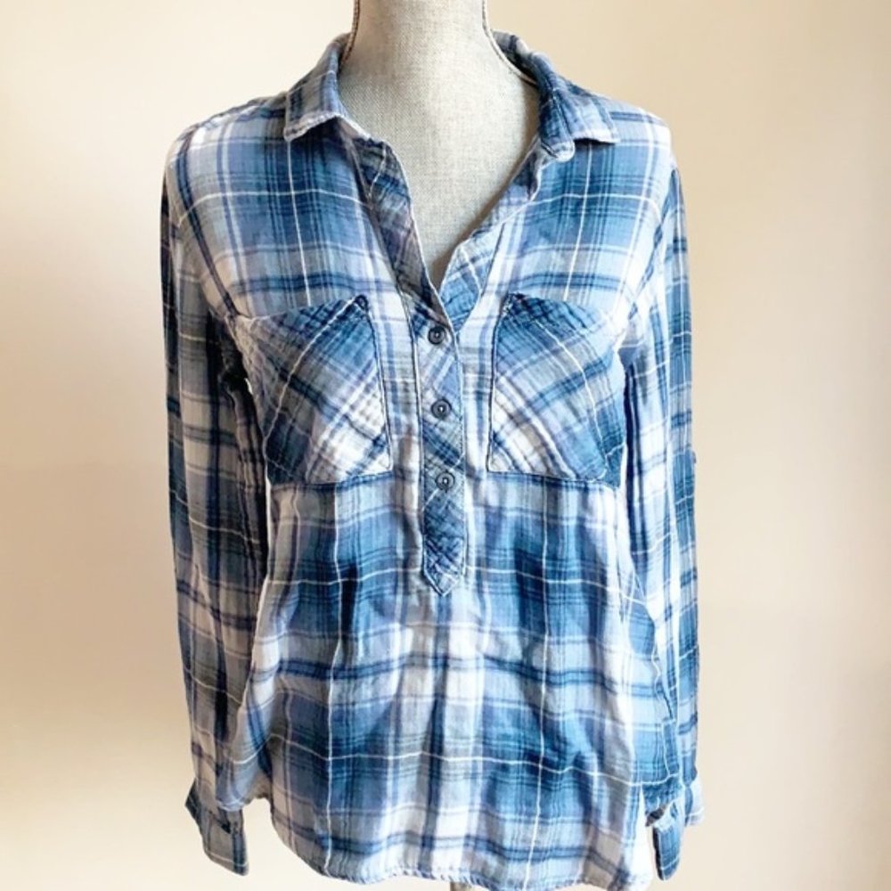 Anthropologie Cloth & Stone blue and white plaid cotton blouse